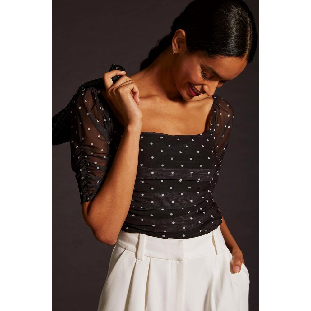 Anthropologie Shirred Mesh Polka Dot Top - New - Size XL